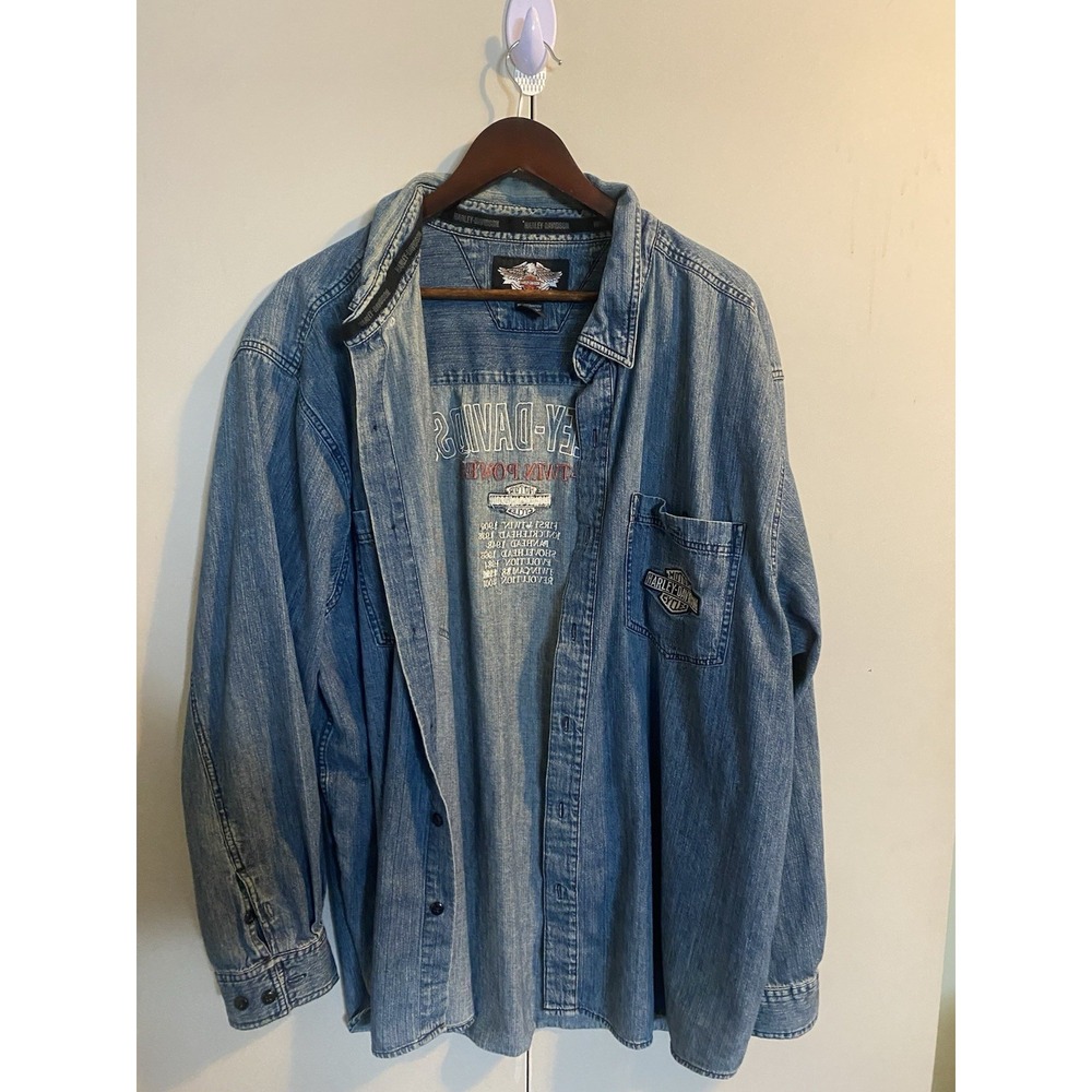 Harley Davidson Denim Shirt Mens 3XL Blue Good Vintage V Twin Power Button Up